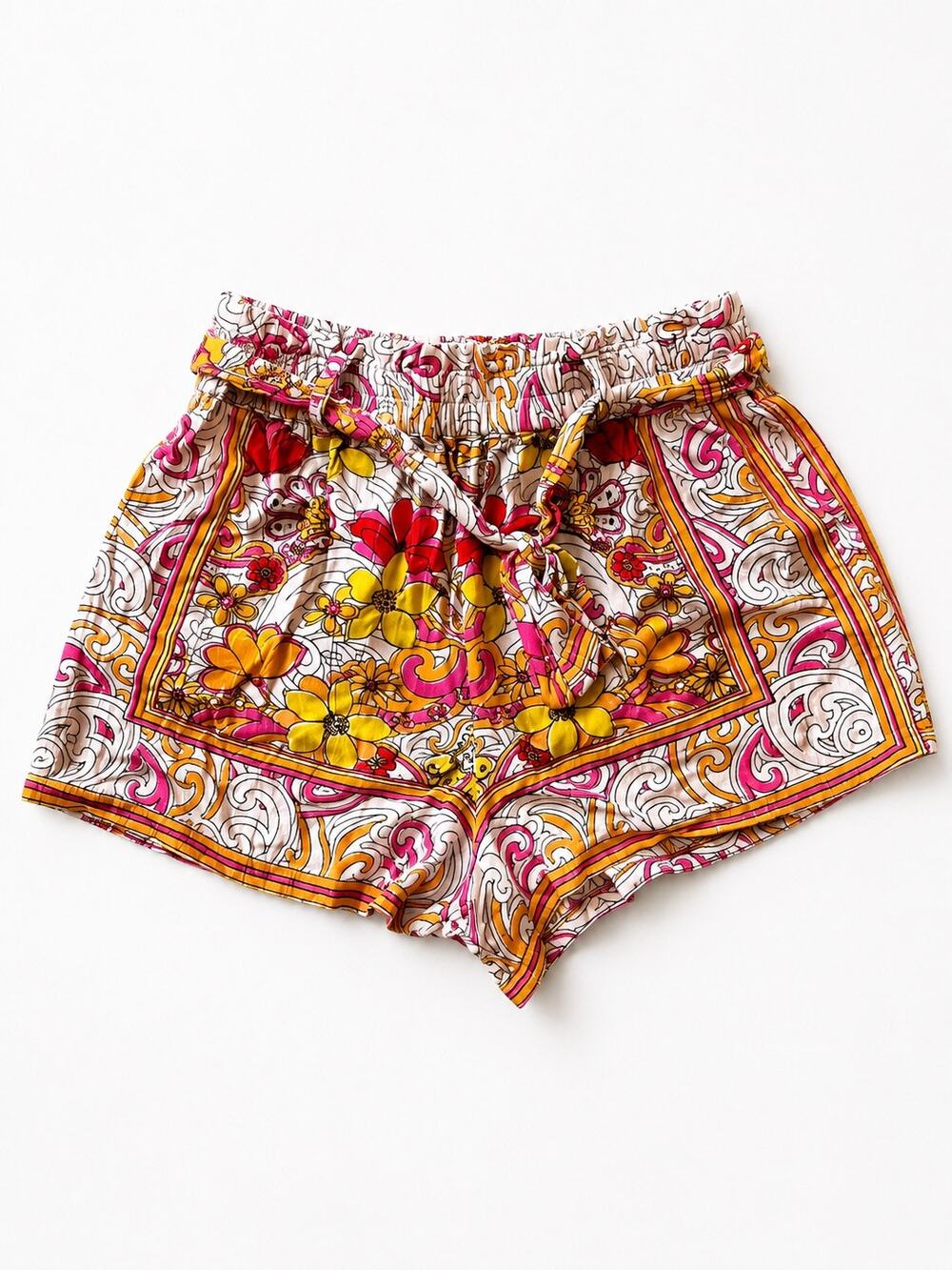 Boho Floral & Paisley Red Orange & Pink Mini Shorts Womens Sz S Hippie Festival